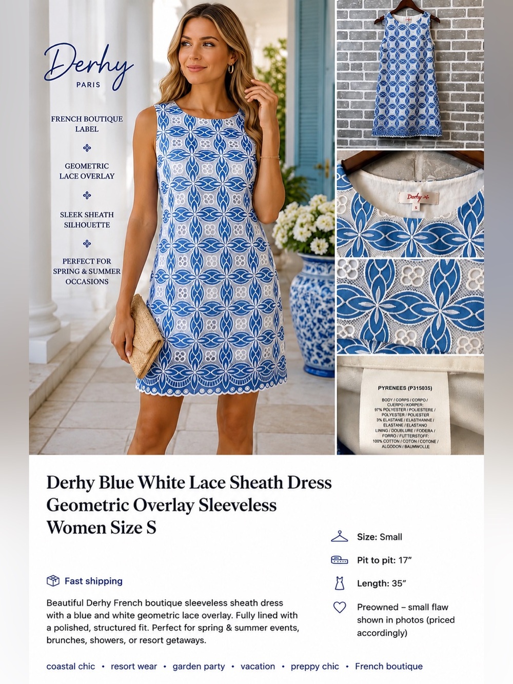 Derhy Blue White‎ Lace Sheath Dress Small Geometric  Sleeveless French Boutique